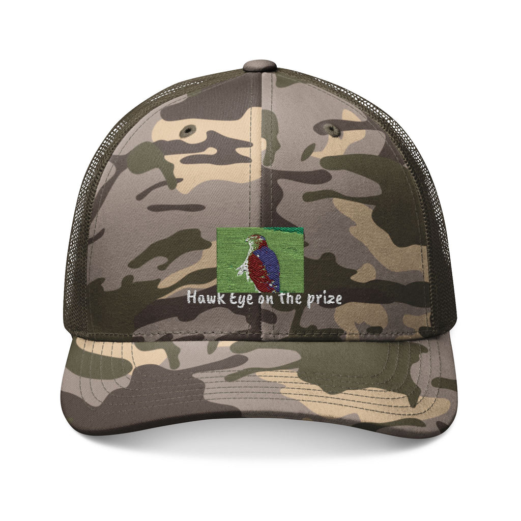 Camouflage Trucker Hat — Embroidered "Hawk eye on the prize" Design